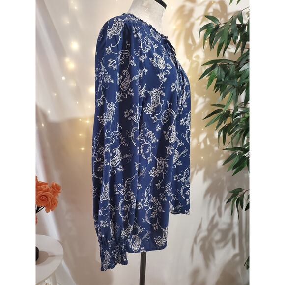 Talbots Smocked Paisley Keyhole Tie Neck Blouse Top Womens Size L Blue Boho - Picture 4 of 10